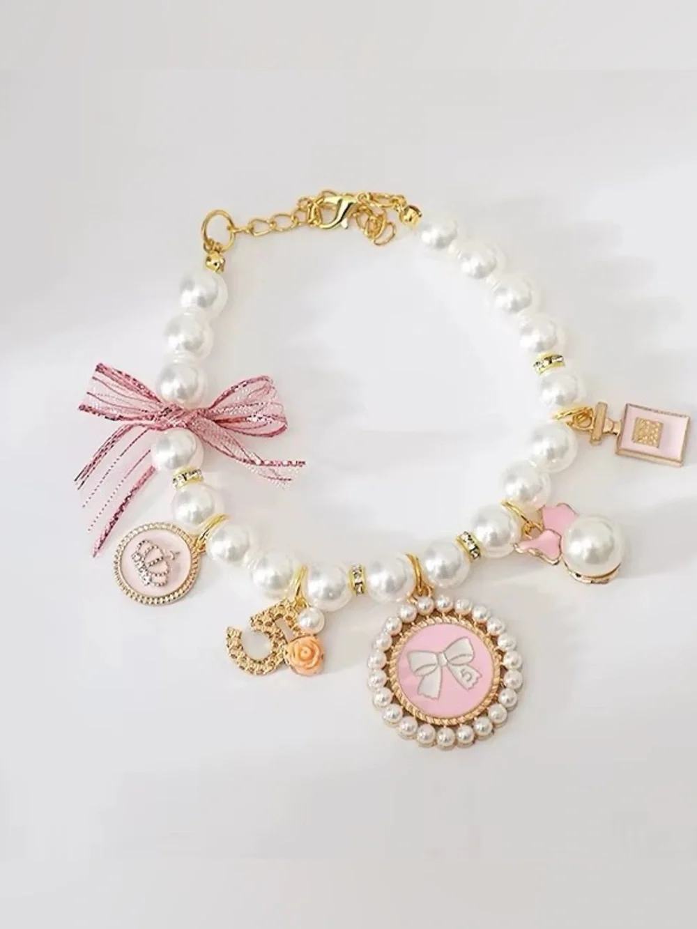 Cute Pearl Dog Cat Collar Necklace Pink and Gold Charms Pet Jewelry Adjustable